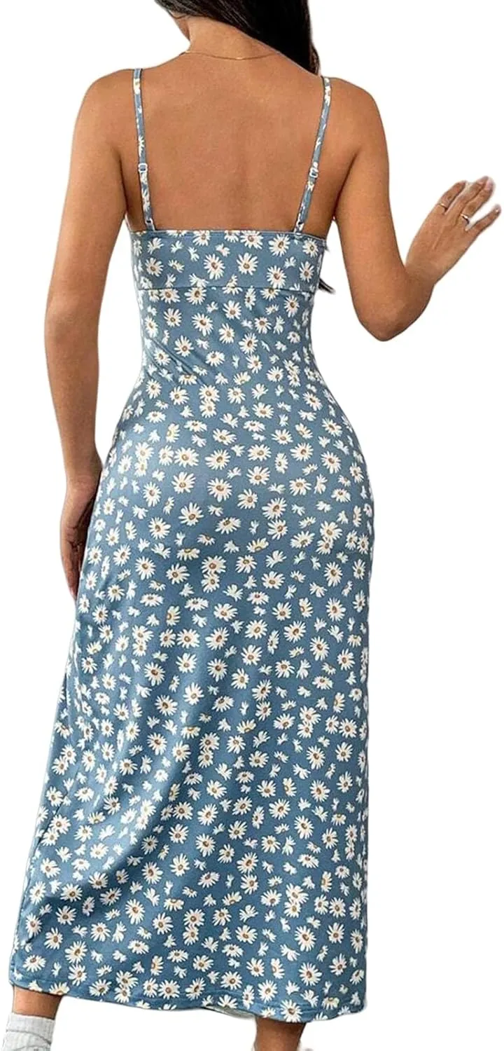 Women's Boho Midi Dresses Sexy Sleeveless Spaghetti Strap Dress Casual Slim Fit Floral Color Block Beach Sundress