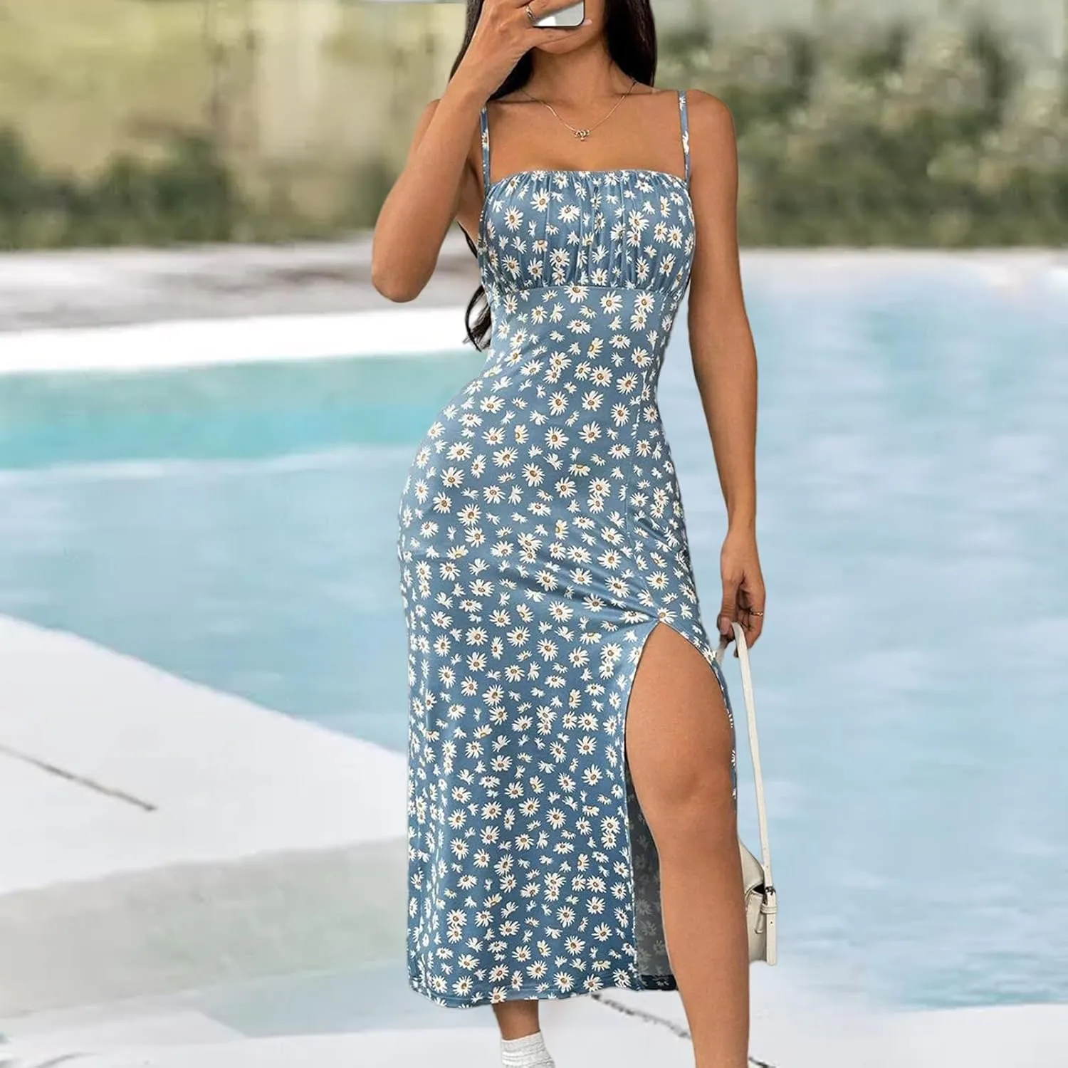 Women's Boho Midi Dresses Sexy Sleeveless Spaghetti Strap Dress Casual Slim Fit Floral Color Block Beach Sundress