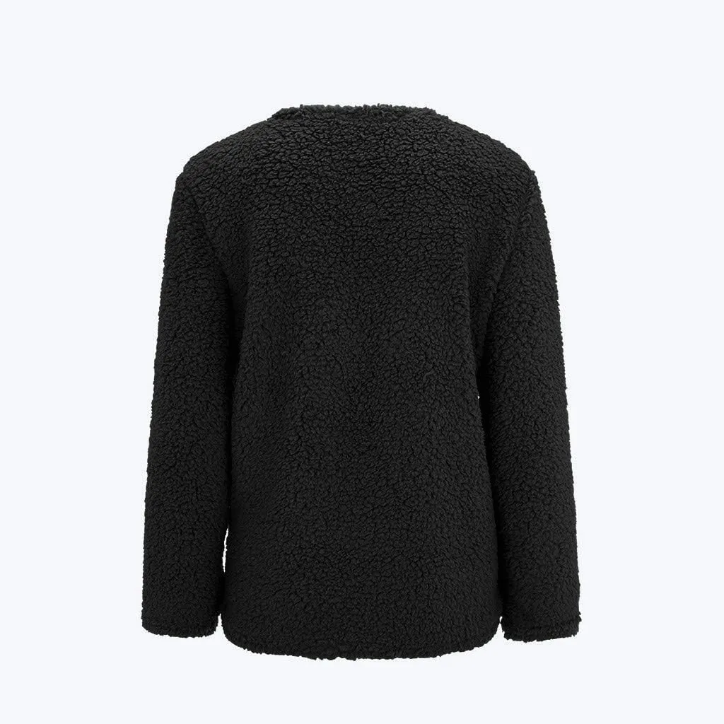 Womens Buttons Sweater Plus Size Tops Plush Coat with Pockets Outerwear Knit Cardigan Fleece Jacket Fall Winter Tops
