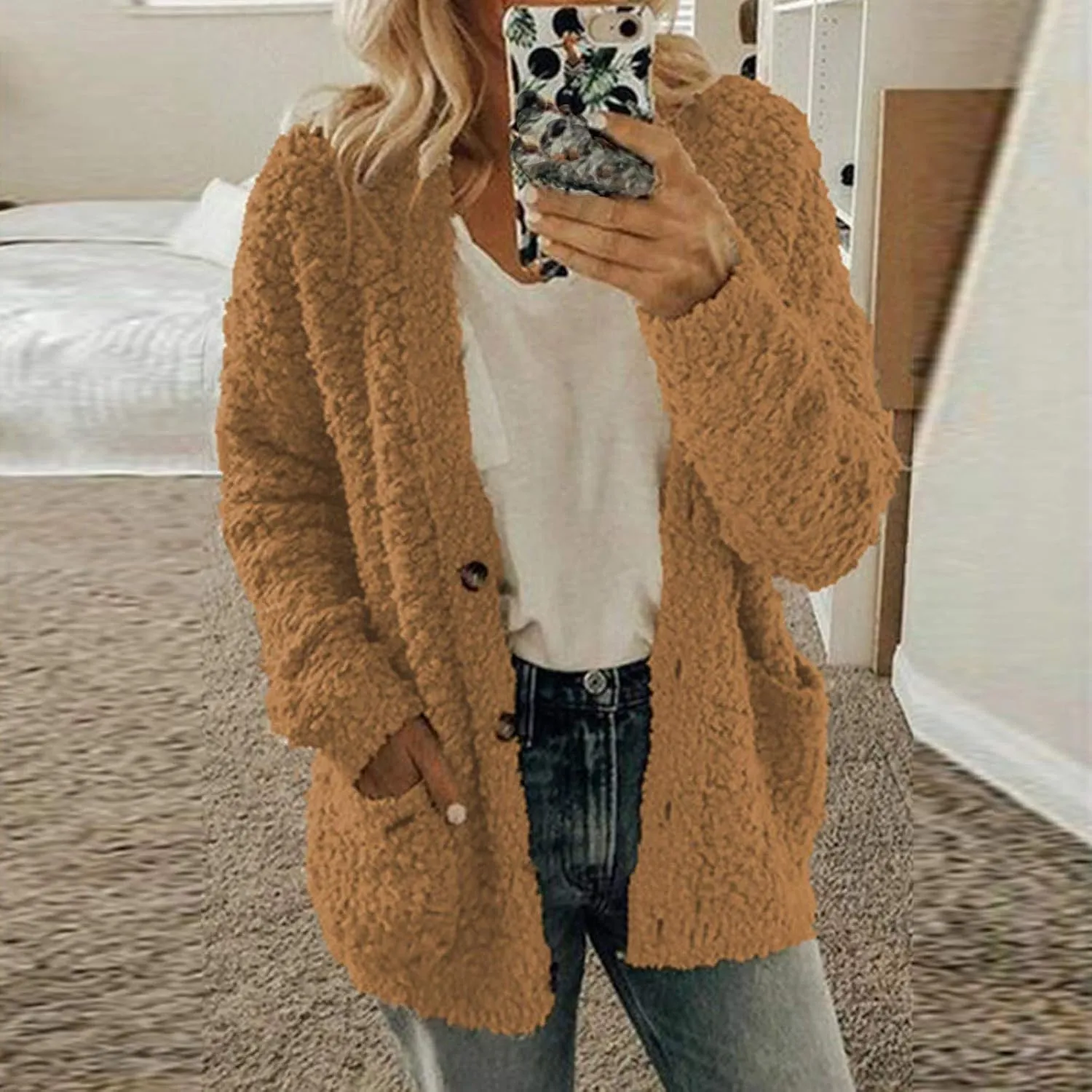 Womens Buttons Sweater Plus Size Tops Plush Coat with Pockets Outerwear Knit Cardigan Fleece Jacket Fall Winter Tops