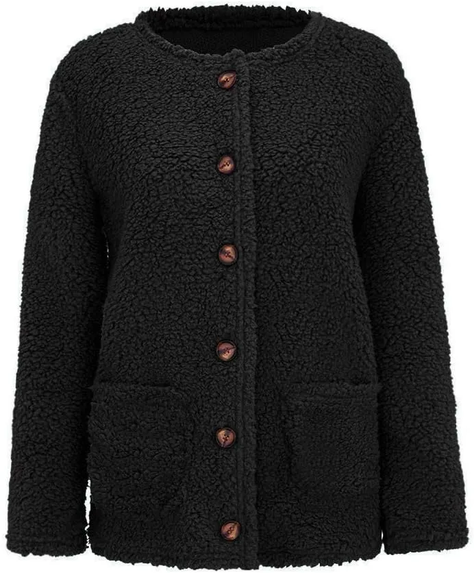 Womens Buttons Sweater Plus Size Tops Plush Coat with Pockets Outerwear Knit Cardigan Fleece Jacket Fall Winter Tops