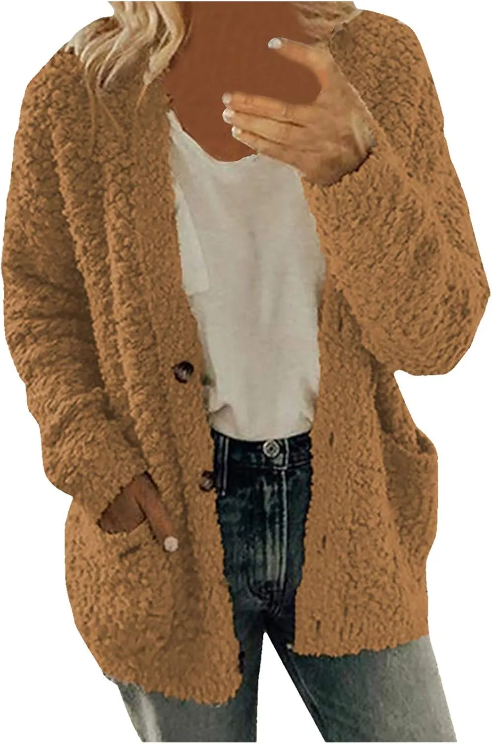 Womens Buttons Sweater Plus Size Tops Plush Coat with Pockets Outerwear Knit Cardigan Fleece Jacket Fall Winter Tops