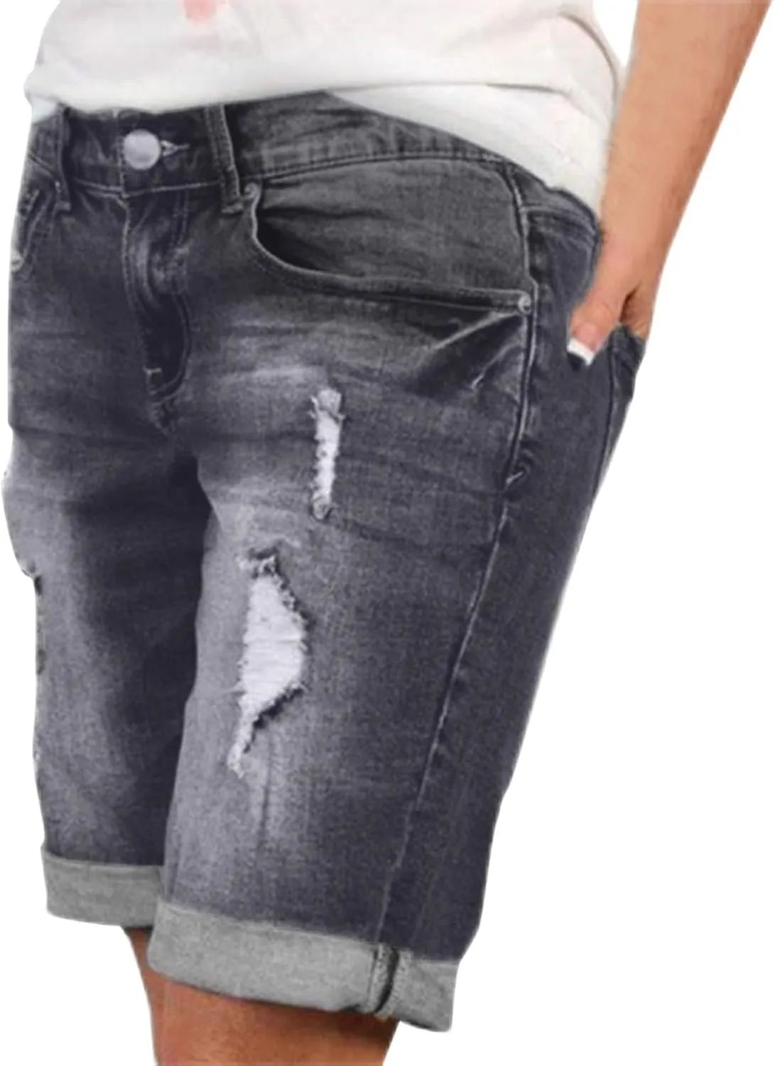 Women's Casual Denim Shorts High Waisted Stretchy Ripped Jean Shorts Distressed Folded Hem Bermuda Short Jean Golf Shorts