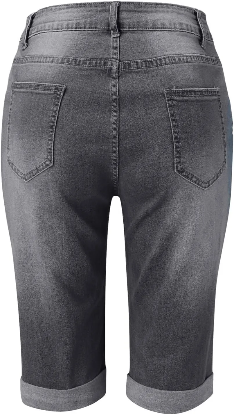 Women's Casual Denim Shorts High Waisted Stretchy Ripped Jean Shorts Distressed Folded Hem Bermuda Short Jean Golf Shorts
