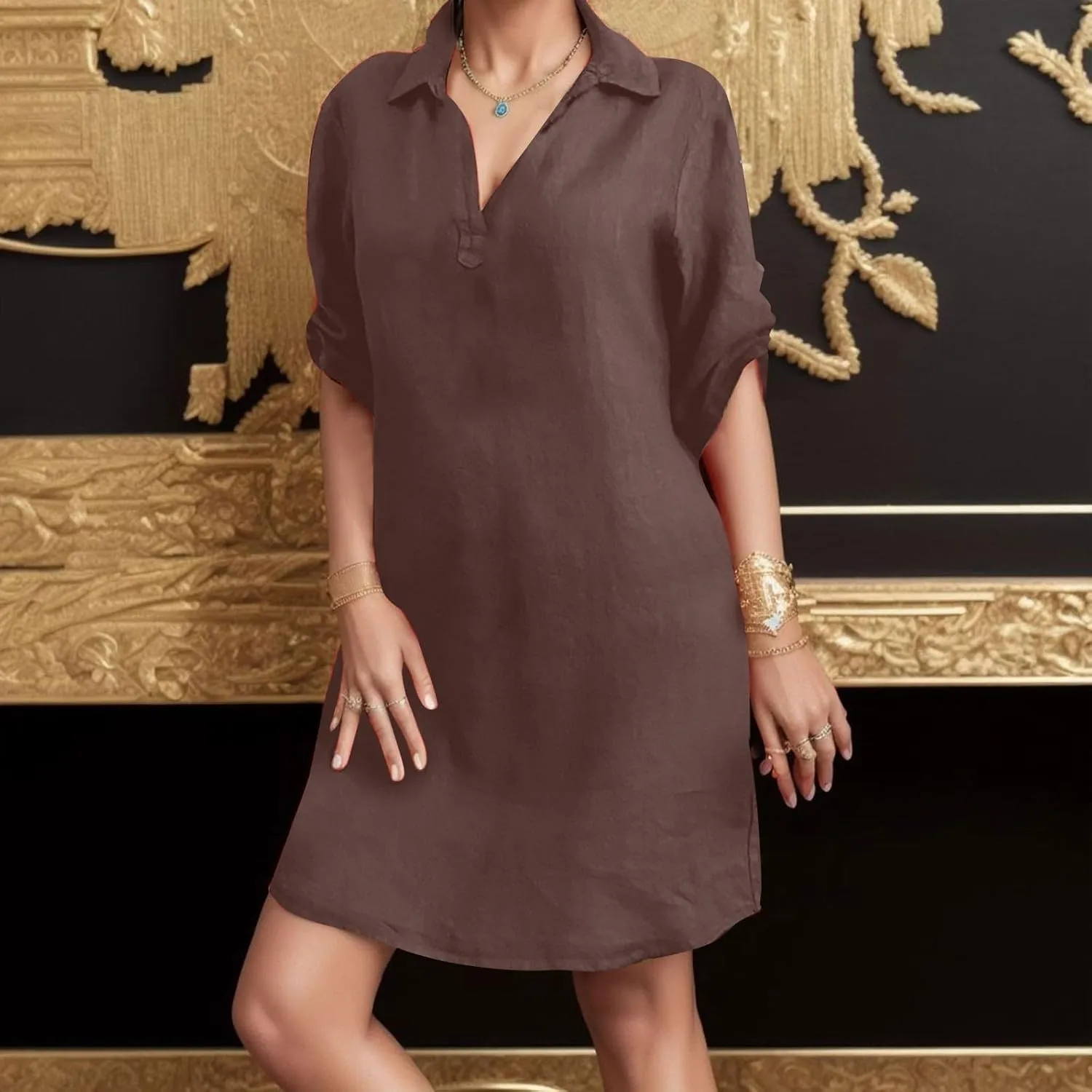 Women's Casual Shirt Dress Ruffle Sleeve Solid Color Button Down Shift Turn Cotton Linen Short 2025 Summer Dress