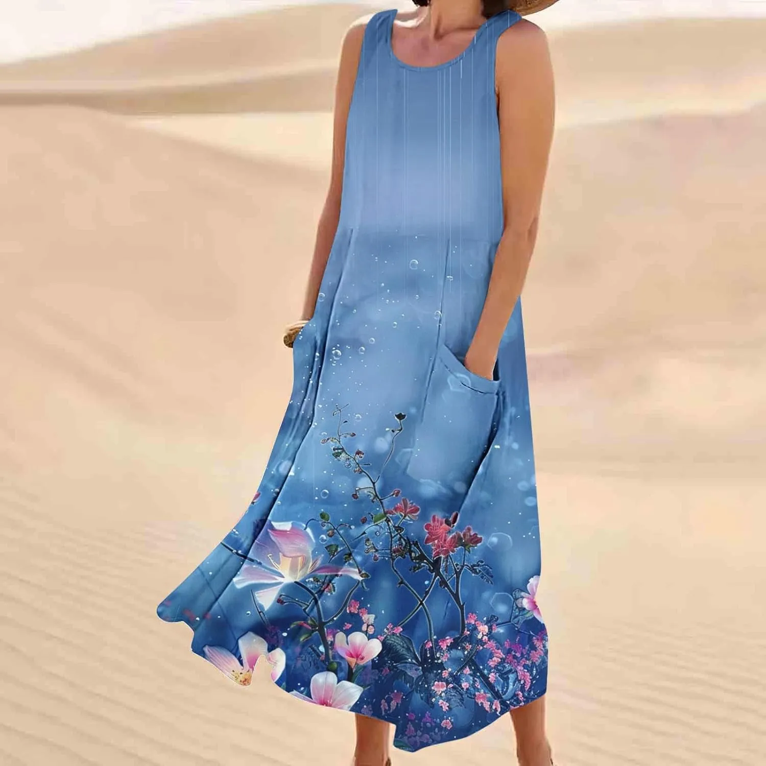 Women's Casual Summer Dresses 2024 Sleeveless Floral Dress Loose Fit Flowy Shift Dress Midi Dress