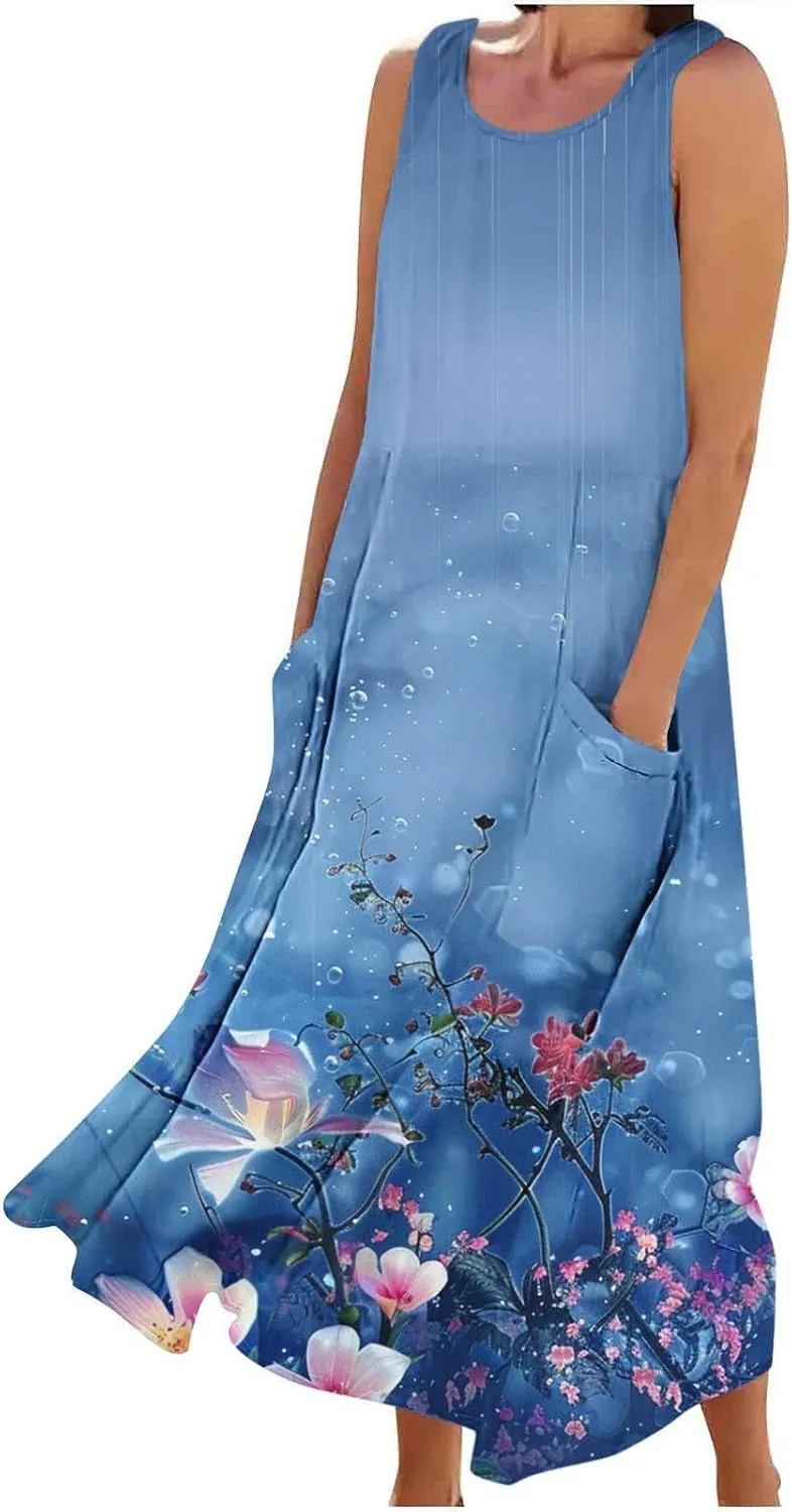 Women's Casual Summer Dresses 2024 Sleeveless Floral Dress Loose Fit Flowy Shift Dress Midi Dress