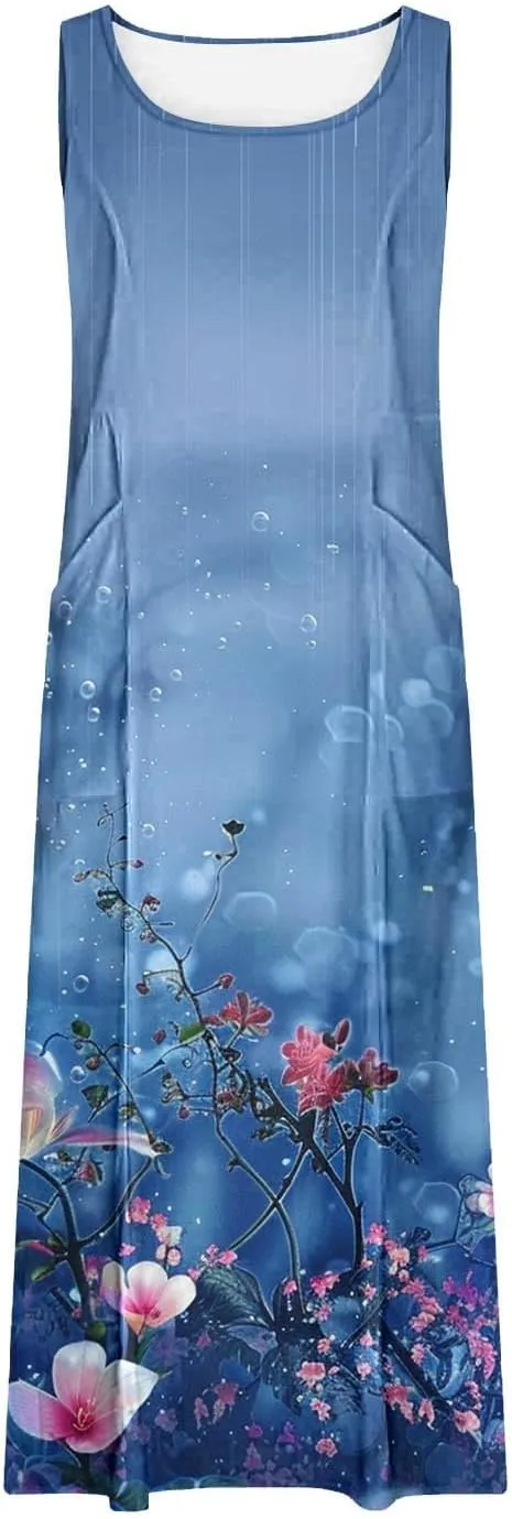 Women's Casual Summer Dresses 2024 Sleeveless Floral Dress Loose Fit Flowy Shift Dress Midi Dress