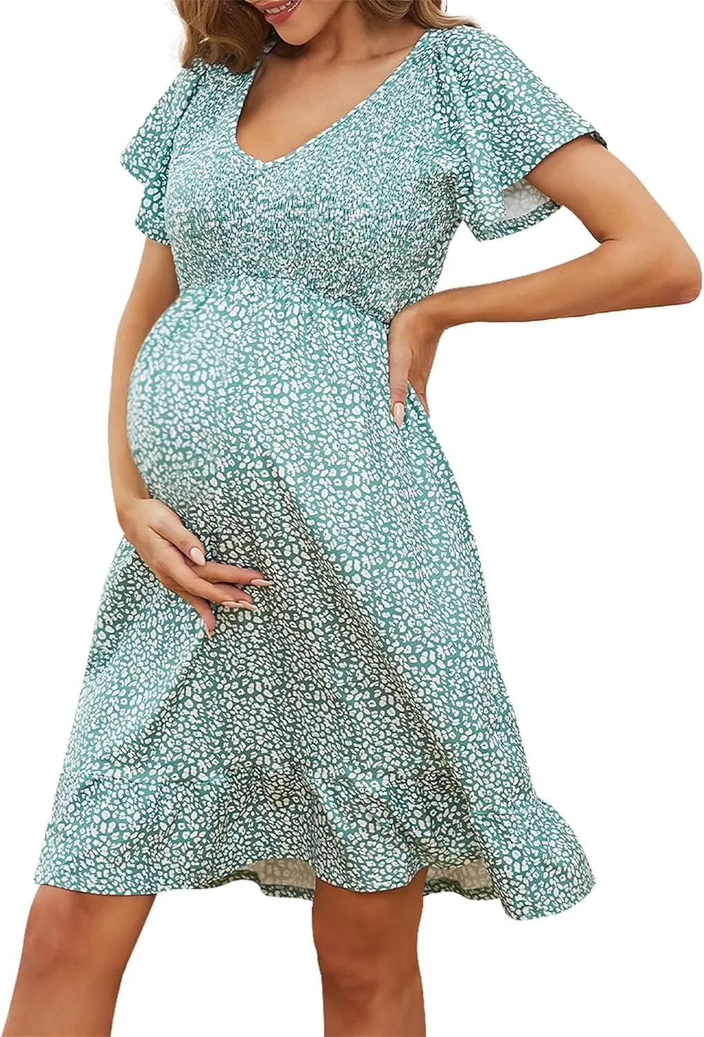 Womens Casual Summer Maternity Dresses Floral Boho Dress Short Sleeve Ruffle Flowy Beach Party Midi Dresses