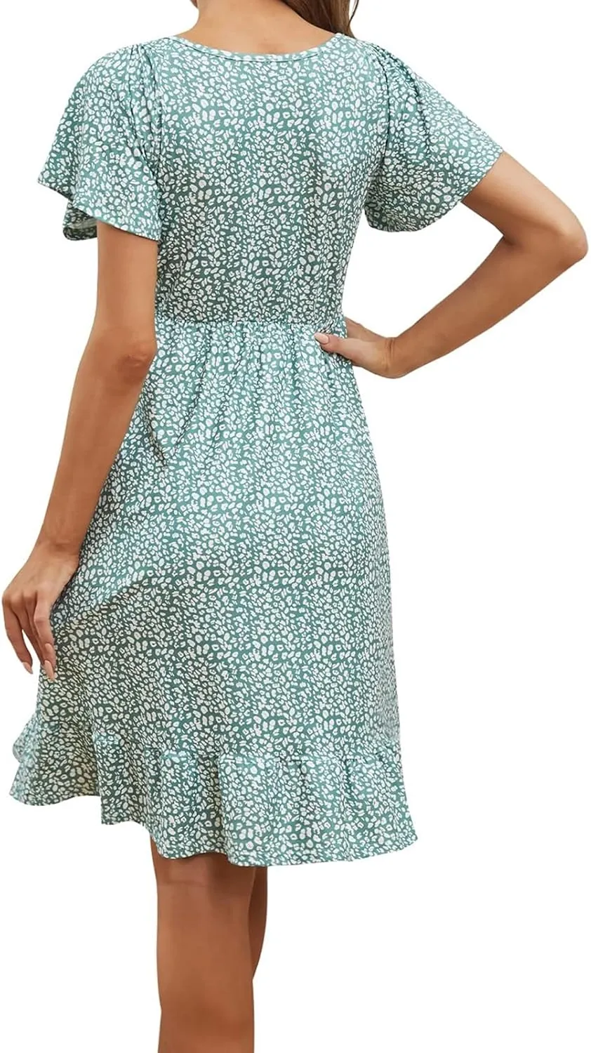 Womens Casual Summer Maternity Dresses Floral Boho Dress Short Sleeve Ruffle Flowy Beach Party Midi Dresses