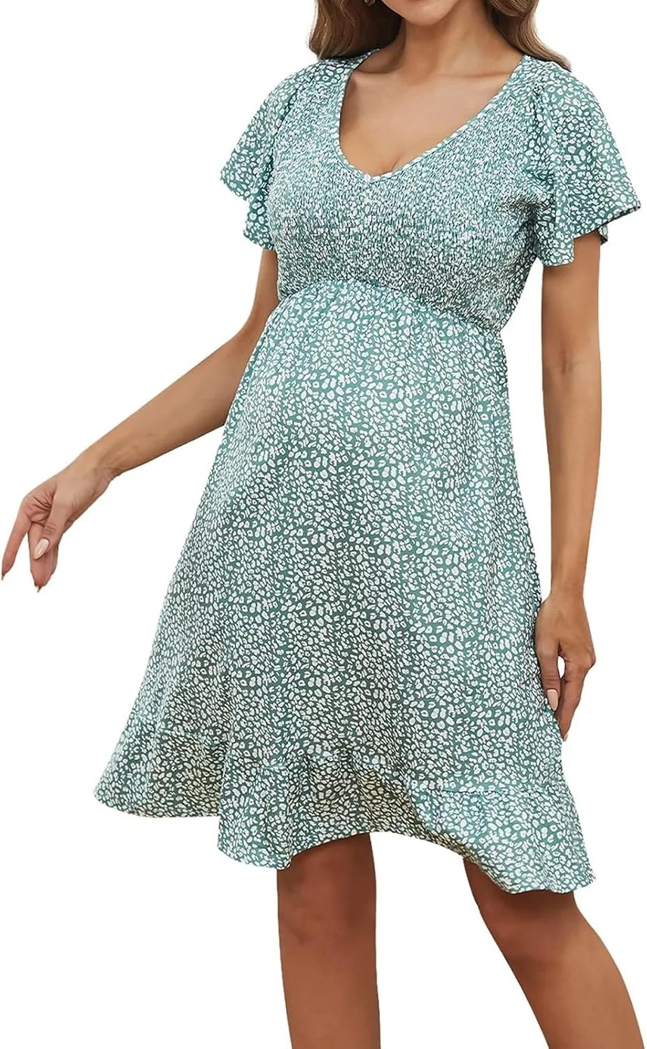 Womens Casual Summer Maternity Dresses Floral Boho Dress Short Sleeve Ruffle Flowy Beach Party Midi Dresses