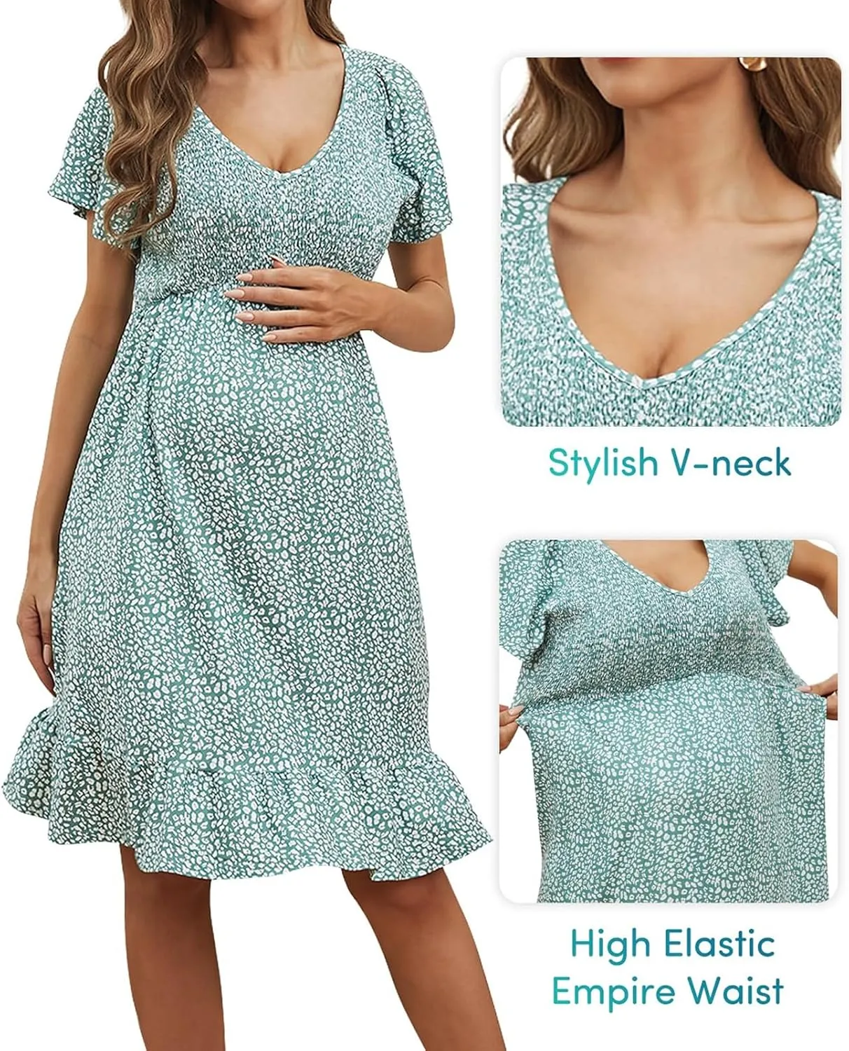 Womens Casual Summer Maternity Dresses Floral Boho Dress Short Sleeve Ruffle Flowy Beach Party Midi Dresses