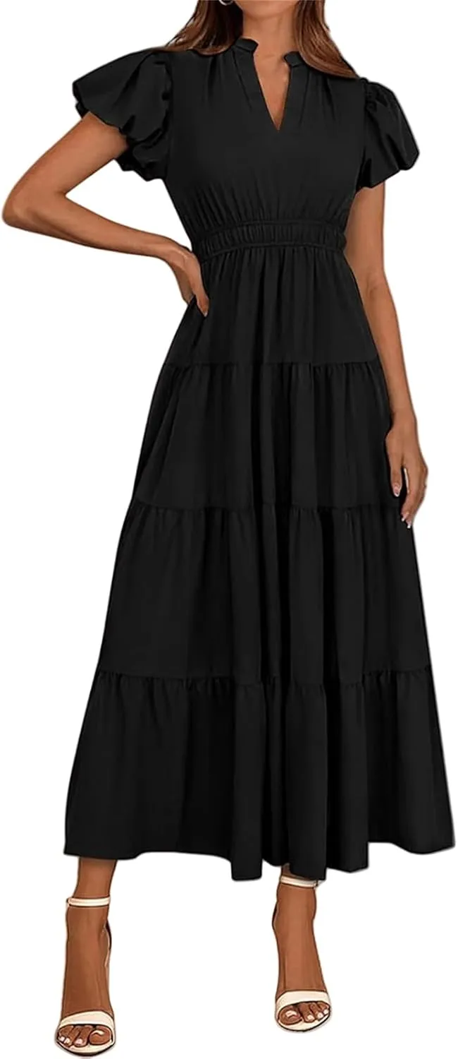 Womens Casual Summer Maxi Dress V Neck Puff Short Sleeve Ruffle A-Line Dress Tiered Boho Flowy Beach Dresses