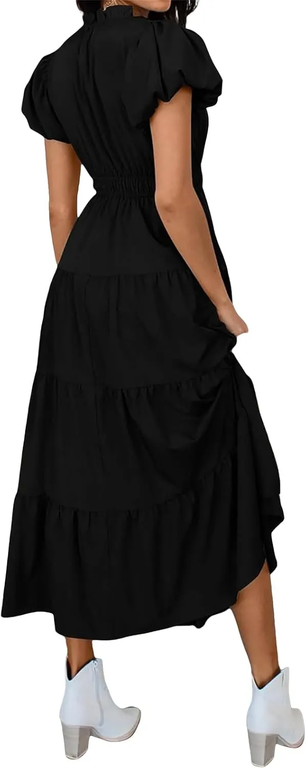 Womens Casual Summer Maxi Dress V Neck Puff Short Sleeve Ruffle A-Line Dress Tiered Boho Flowy Beach Dresses