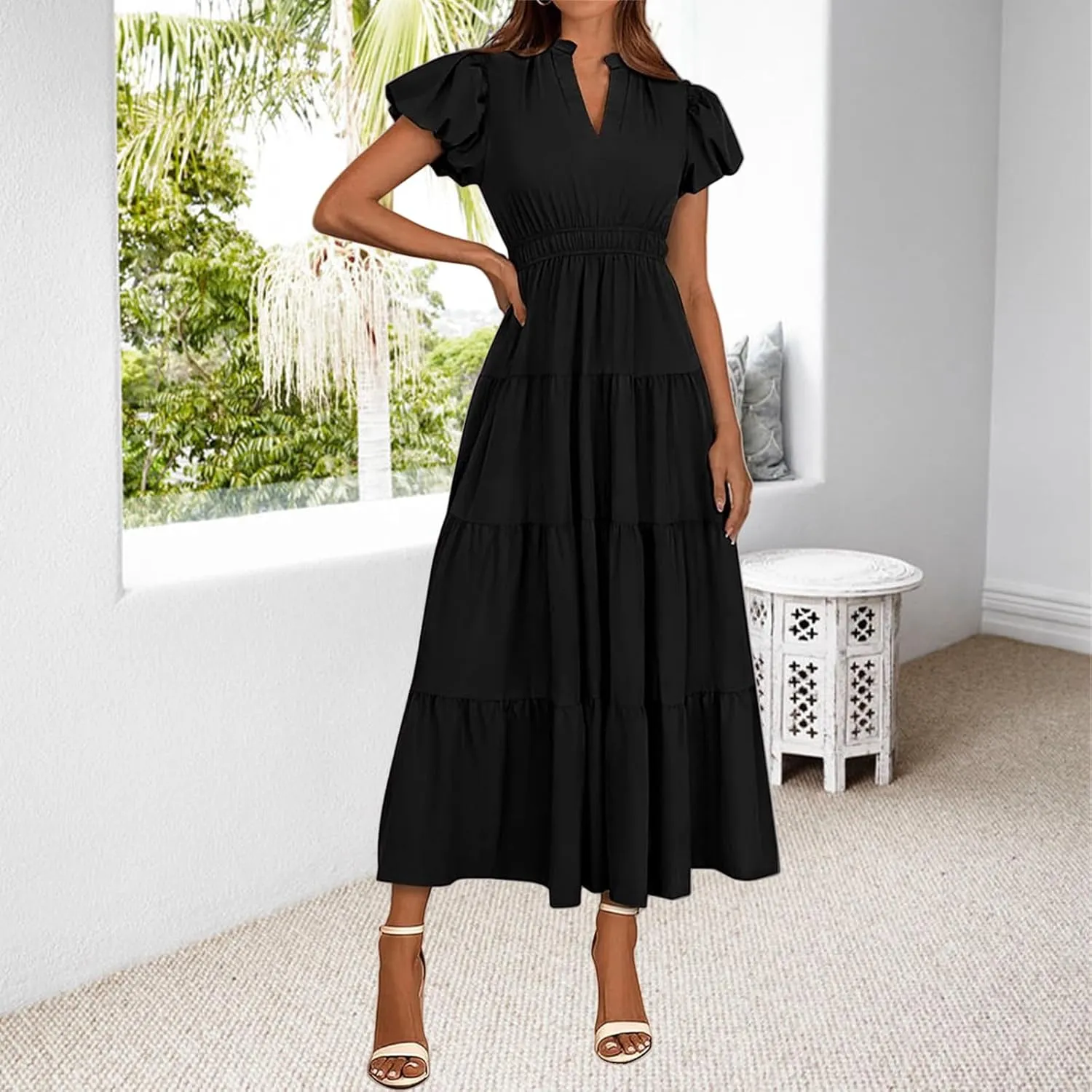 Womens Casual Summer Maxi Dress V Neck Puff Short Sleeve Ruffle A-Line Dress Tiered Boho Flowy Beach Dresses