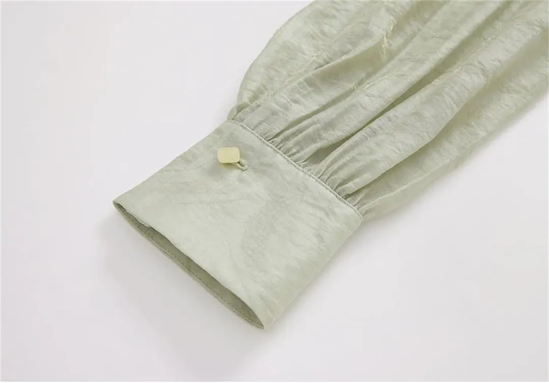 Womens Chinese Style Blouses Hollow-Out Folds Round Neck Shirts Long Sleeve Office Lady Shirts