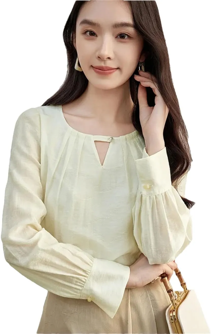 Womens Chinese Style Blouses Hollow-Out Folds Round Neck Shirts Long Sleeve Office Lady Shirts
