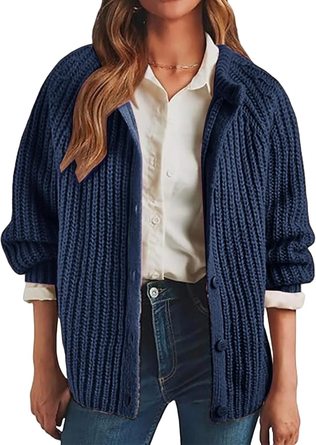 Womens Chunky Knit Open Front Sweater Botton Down Long Sleeve Cardigan Oversized Knit Cardigans