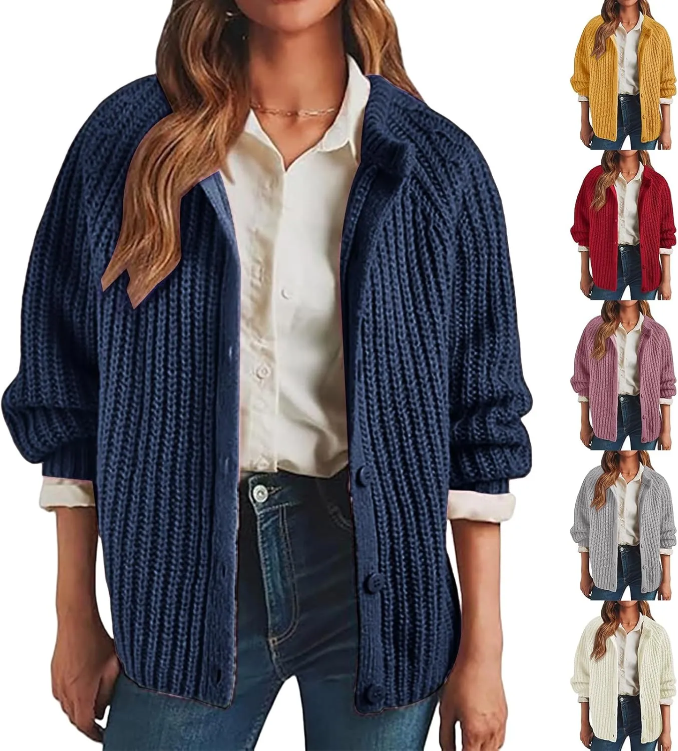 Womens Chunky Knit Open Front Sweater Botton Down Long Sleeve Cardigan Oversized Knit Cardigans