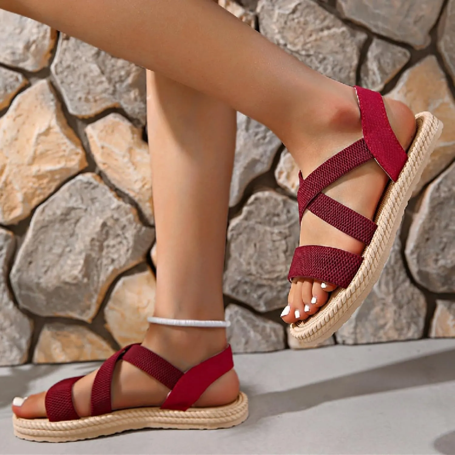 Womens Comfortable Flat Sandals Dressy Daily Sandals Summer Beach Open Toe Shoes Ankle Strap Footwear for Teen Girls