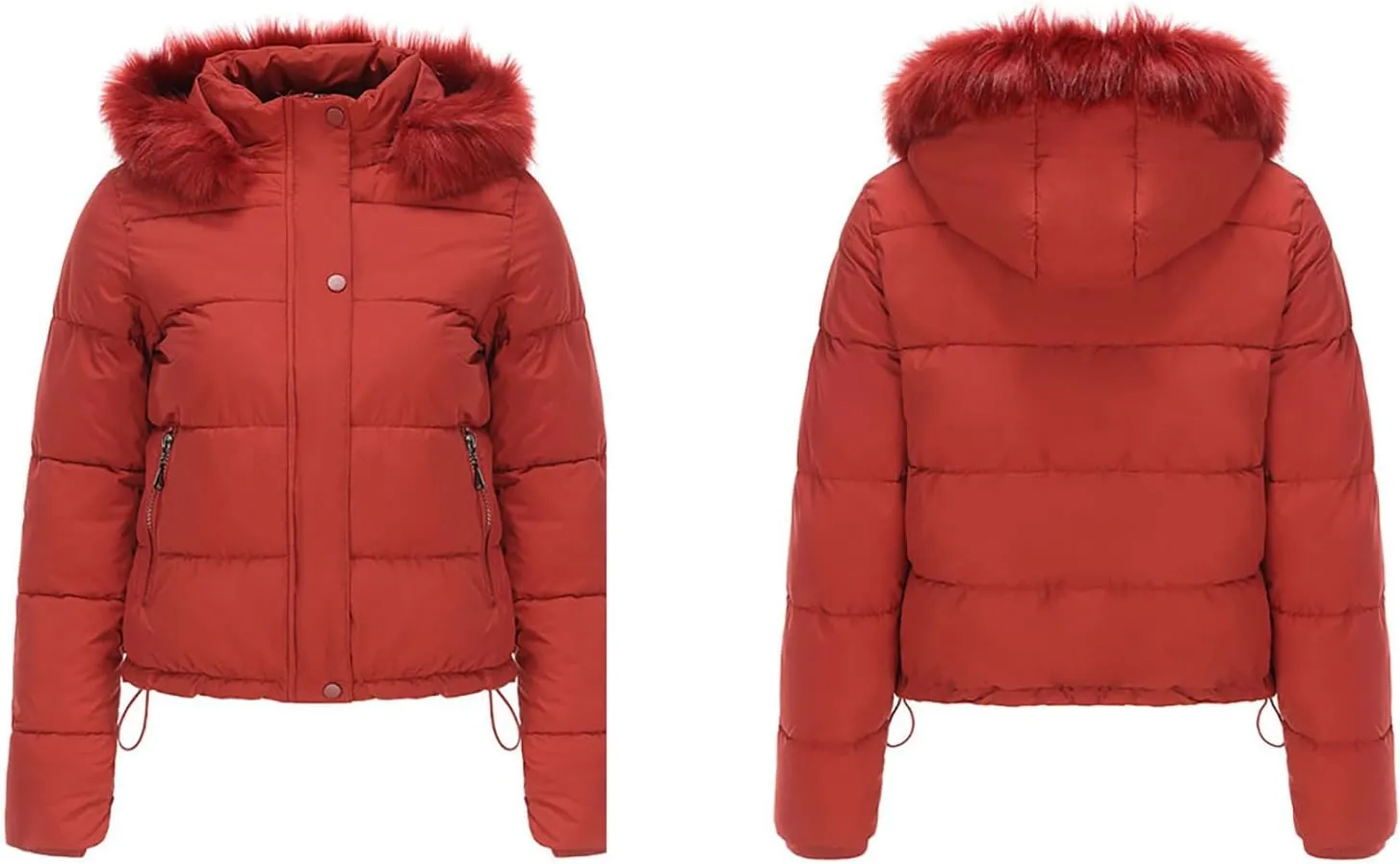 Women's Crop Puffer Jacket Warm Thickened Zip Up Down Jacket Quilted Parkas Faux Fur Removable Hood Outerwear Pockets