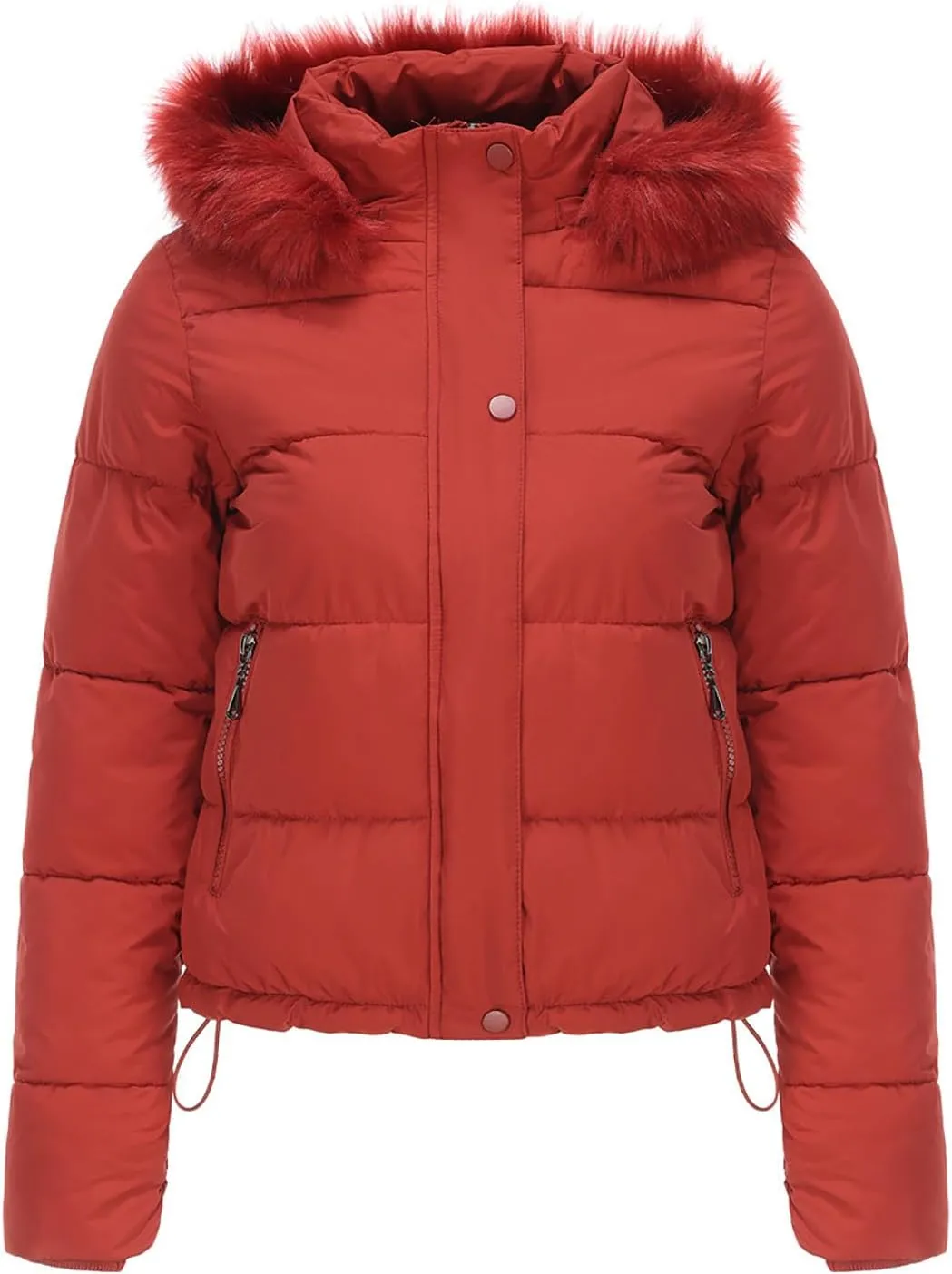 Women's Crop Puffer Jacket Warm Thickened Zip Up Down Jacket Quilted Parkas Faux Fur Removable Hood Outerwear Pockets
