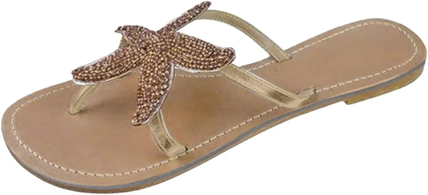 Women's Cute Starfish Clear Flats Comfortable Bohemian Sandals Open Toe Beach Sandal Casual Summer Flip Flops Dressy Slip-on Slides Outdoor Travel Slippers Pentagram Sandals