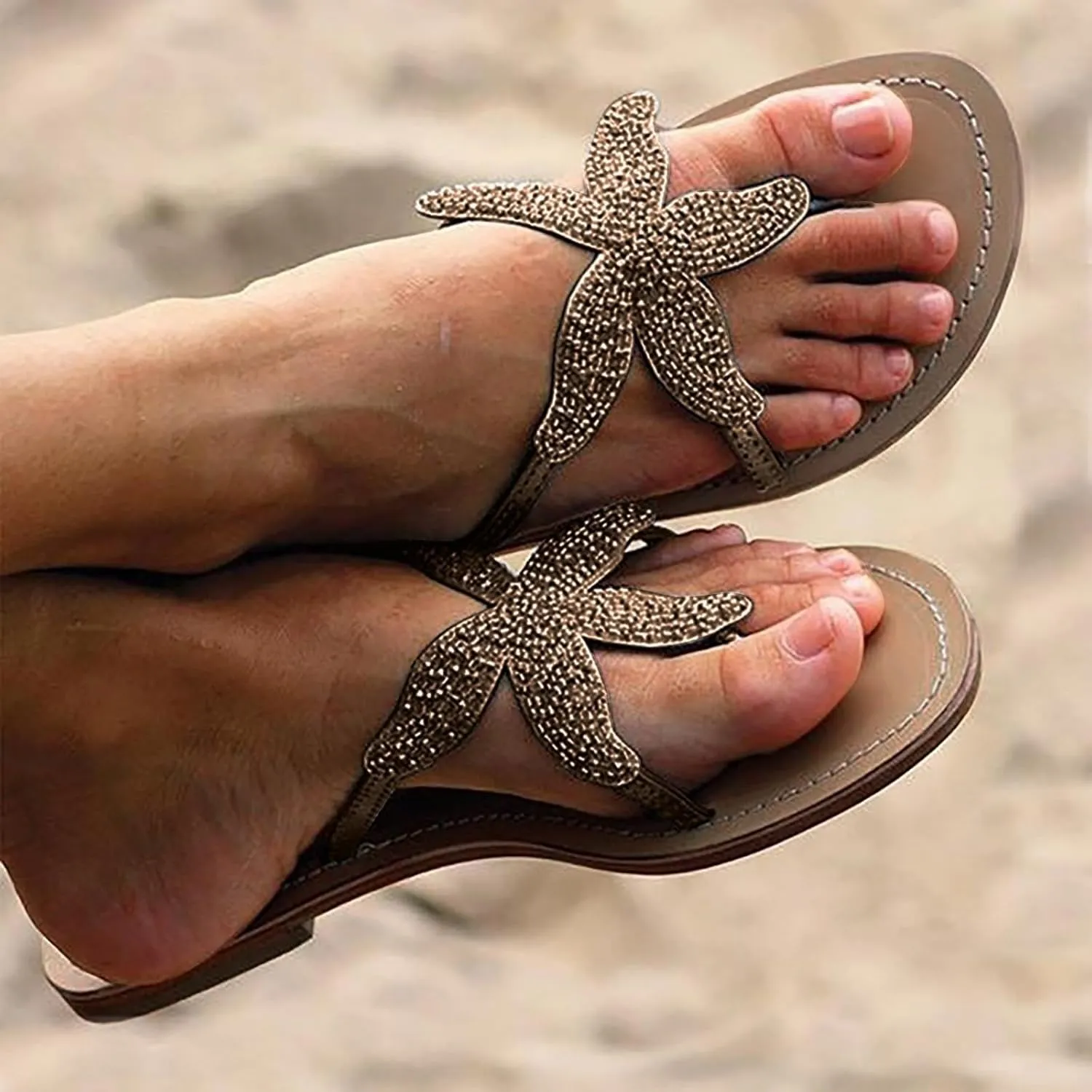 Women's Cute Starfish Clear Flats Comfortable Bohemian Sandals Open Toe Beach Sandal Casual Summer Flip Flops Dressy Slip-on Slides Outdoor Travel Slippers Pentagram Sandals