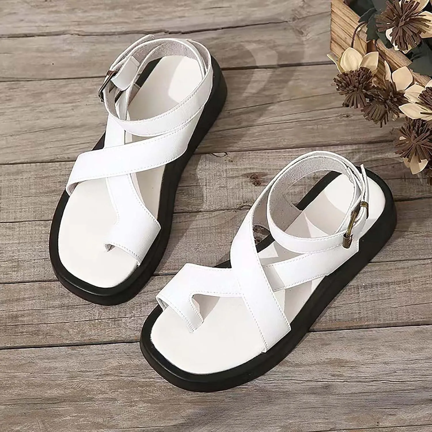 Women's Entry Ankle Wrap Footbed Sandals Fashion Crisscross Straps Ankle Buckle Sandals, Summer Casual Platform Beach Roman Sandal Comfortable Walking Sandal
