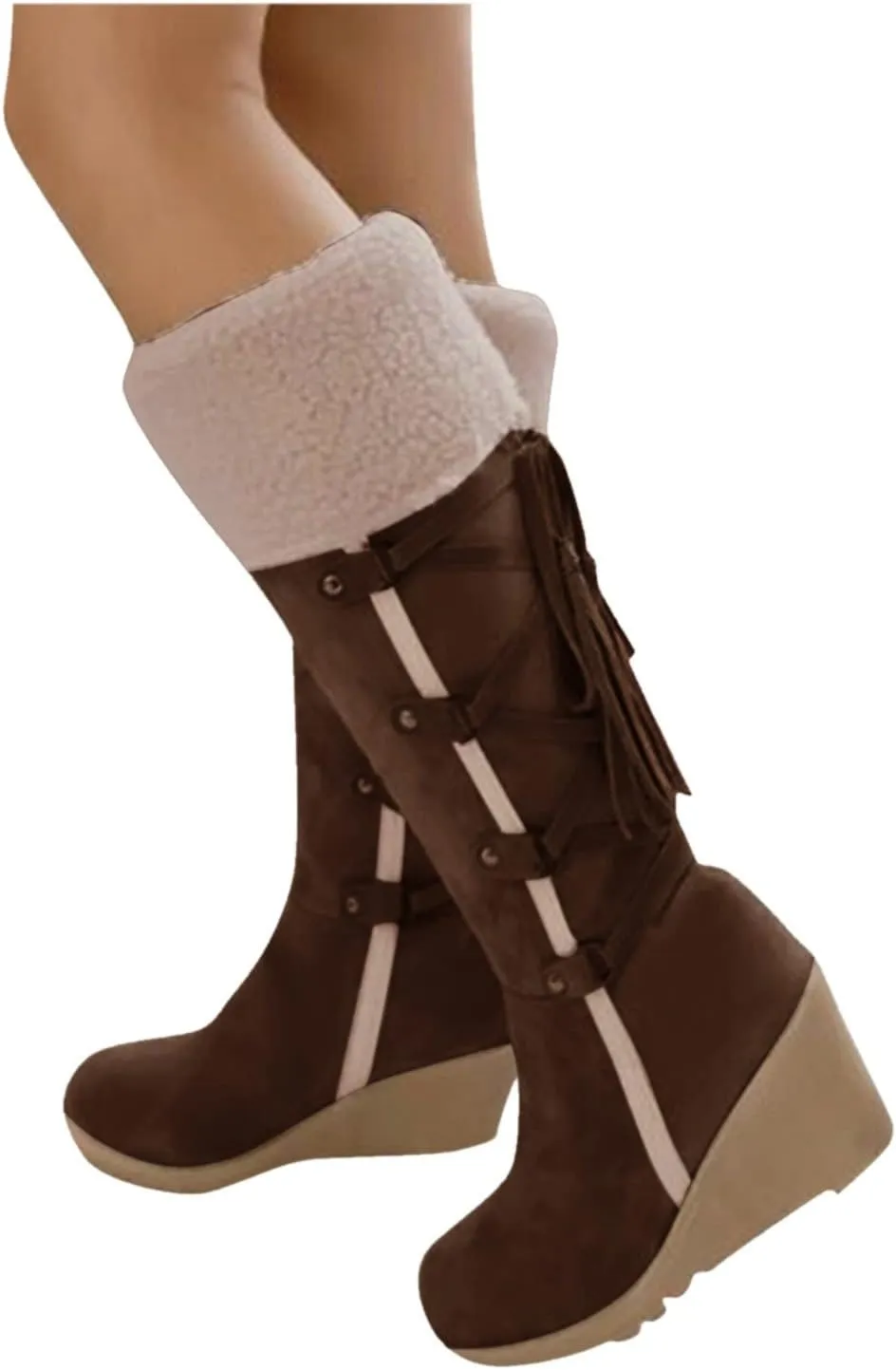 Women's Fashion Mid Calf Snow Boots Low Wedge Heel Winter Booties Fuzzy Long Tall Boots Faux Fur Warm Outdoor Shoes Lace Up Cozy Boot Suede Wedge Boots Boho Knee High Booties for Ladies