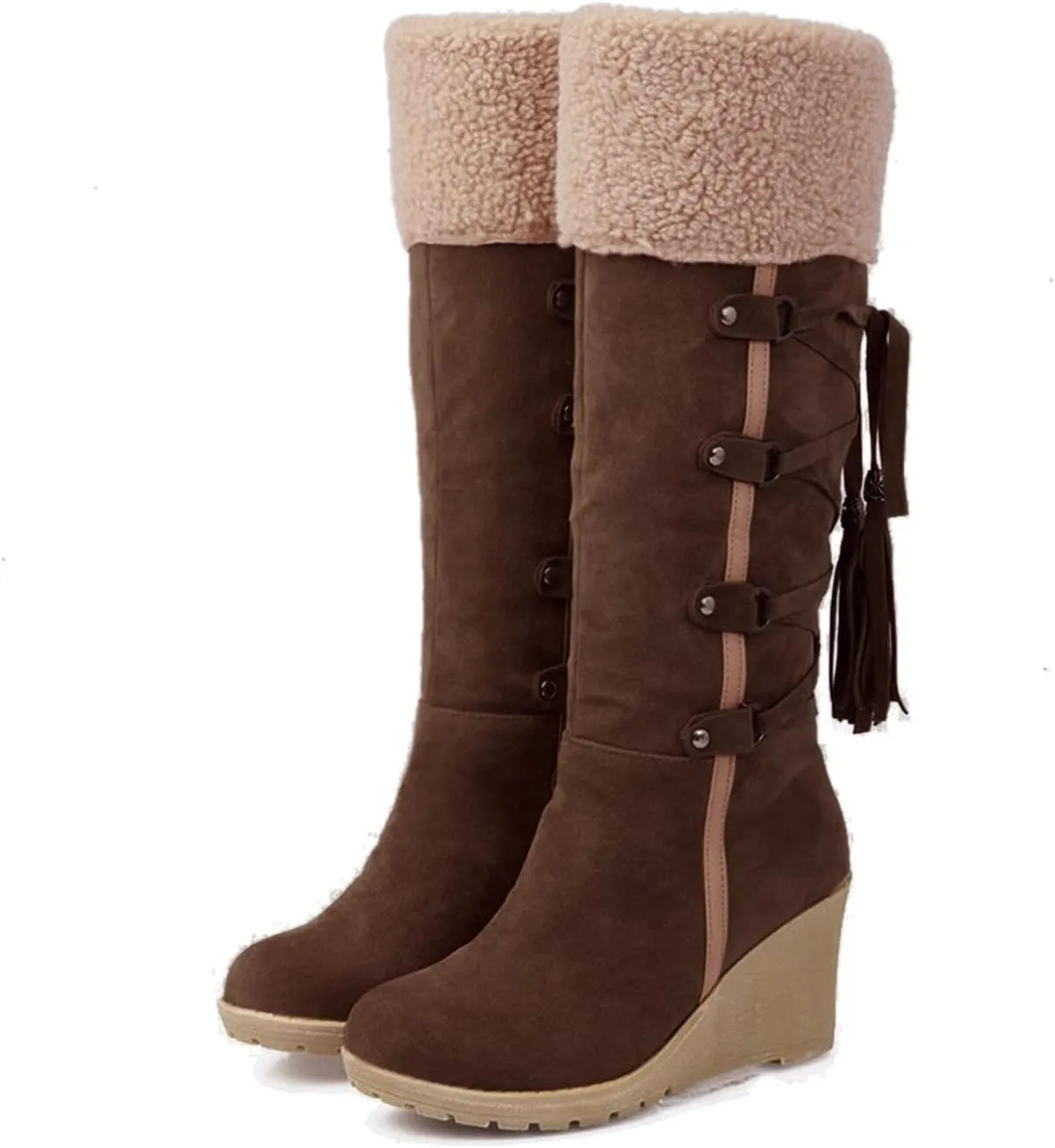 Women's Fashion Mid Calf Snow Boots Low Wedge Heel Winter Booties Fuzzy Long Tall Boots Faux Fur Warm Outdoor Shoes Lace Up Cozy Boot Suede Wedge Boots Boho Knee High Booties for Ladies