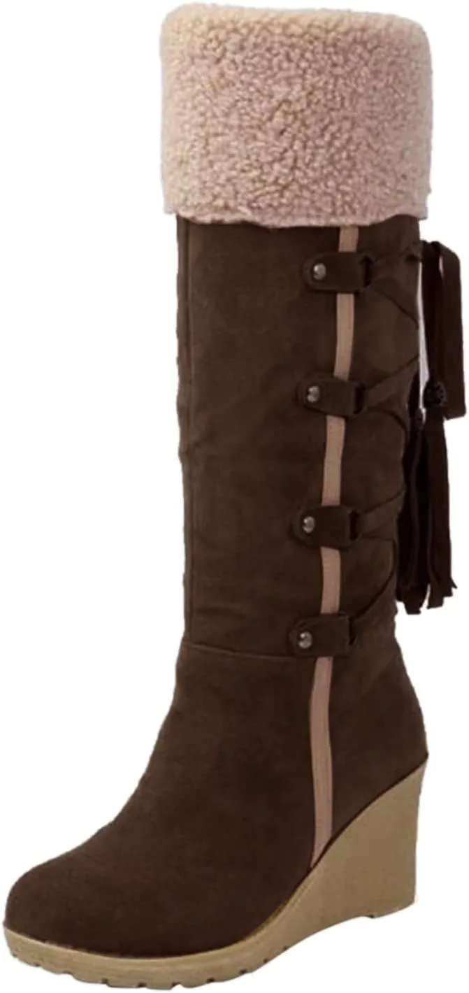 Women's Fashion Mid Calf Snow Boots Low Wedge Heel Winter Booties Fuzzy Long Tall Boots Faux Fur Warm Outdoor Shoes Lace Up Cozy Boot Suede Wedge Boots Boho Knee High Booties for Ladies