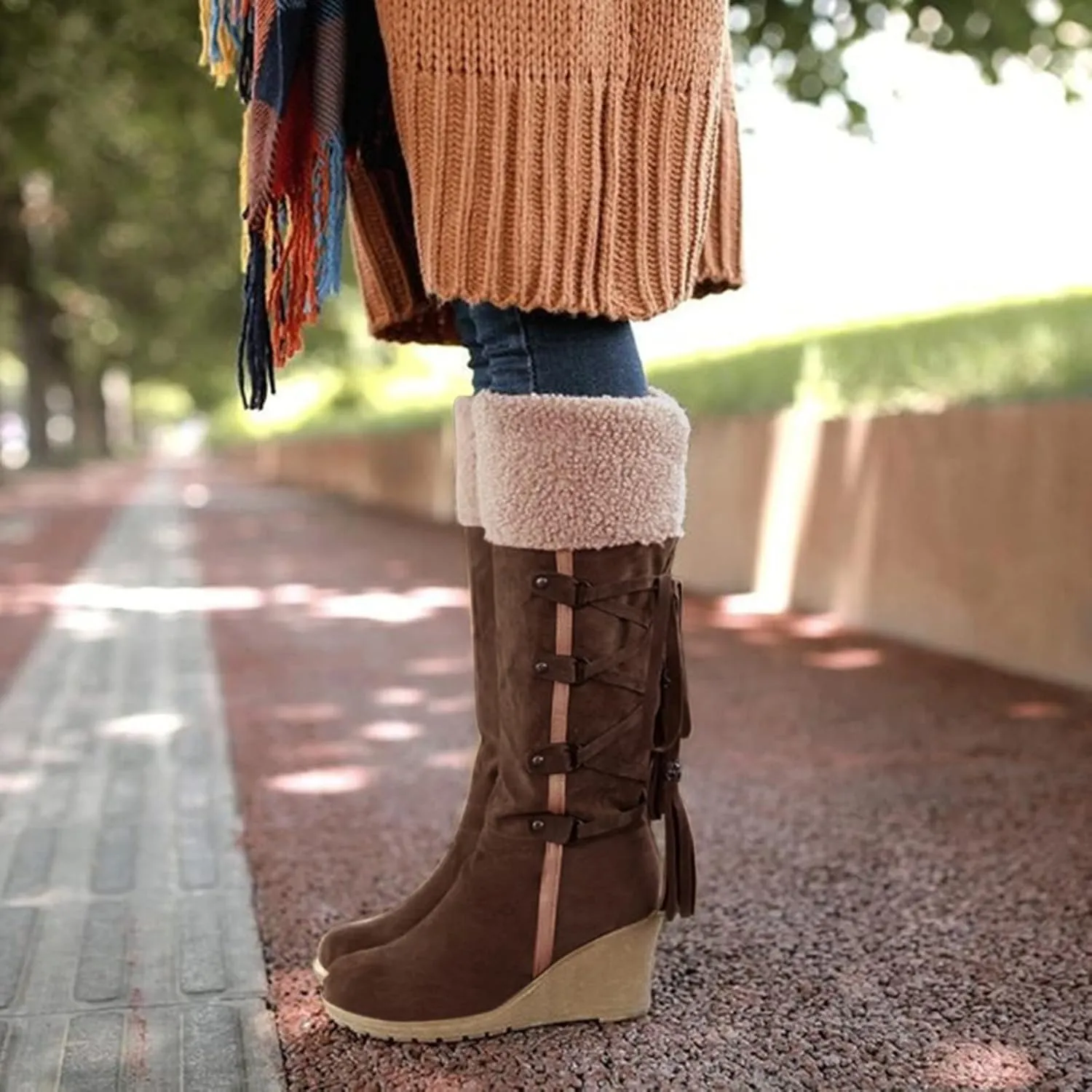 Women's Fashion Mid Calf Snow Boots Low Wedge Heel Winter Booties Fuzzy Long Tall Boots Faux Fur Warm Outdoor Shoes Lace Up Cozy Boot Suede Wedge Boots Boho Knee High Booties for Ladies