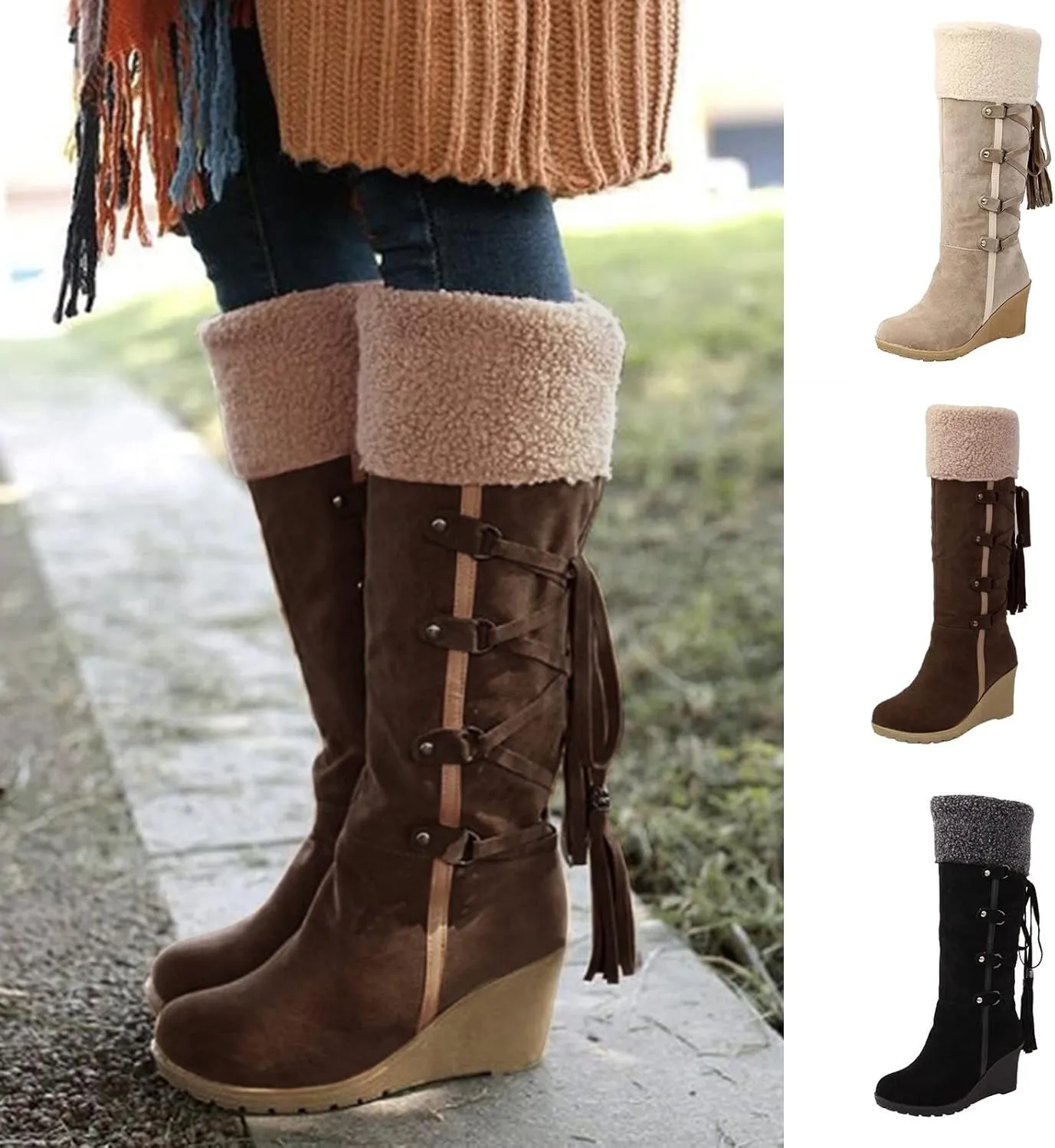 Women's Fashion Mid Calf Snow Boots Low Wedge Heel Winter Booties Fuzzy Long Tall Boots Faux Fur Warm Outdoor Shoes Lace Up Cozy Boot Suede Wedge Boots Boho Knee High Booties for Ladies