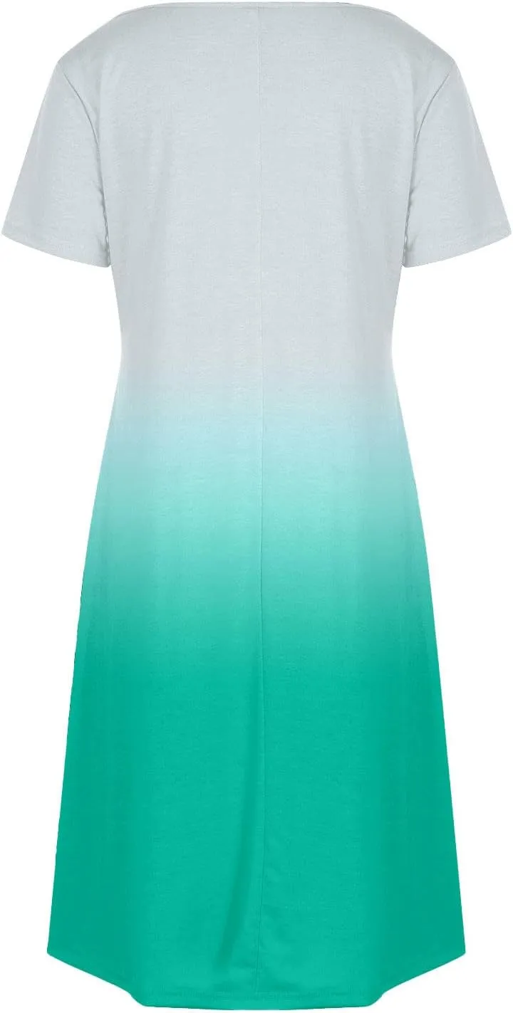 Womens Gradient Summer Dresses 2025 Short Sleeve V Neck Shift Casual Dress Beach Vacation Sundress