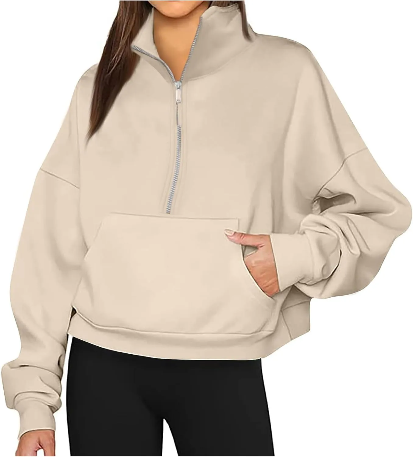 Women's Half Zip Oversized Sweatshirts Long Sleeve Trendy Cropped Pullover Workout Warm Tops with Pockets