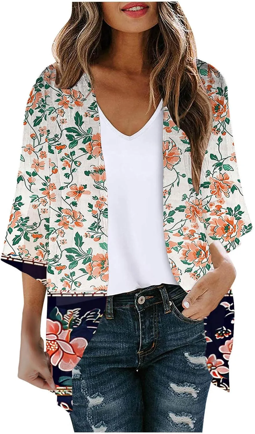 Women's Kimono Beach Cover Up Summer Chiffon Cardigan Lightweight HALF SLEEVE Loose Capes Floral Top Blouses (S-2Xl)