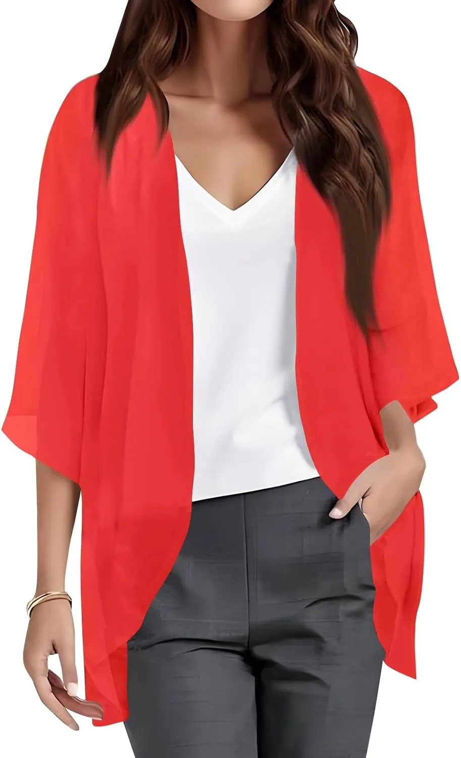 Women's Kimono Cardigans Chiffon Solid 3/4 Sleeve Cardigan Summer Swimsuit Open Front Cardigan Fashion Shrugs Top 2025