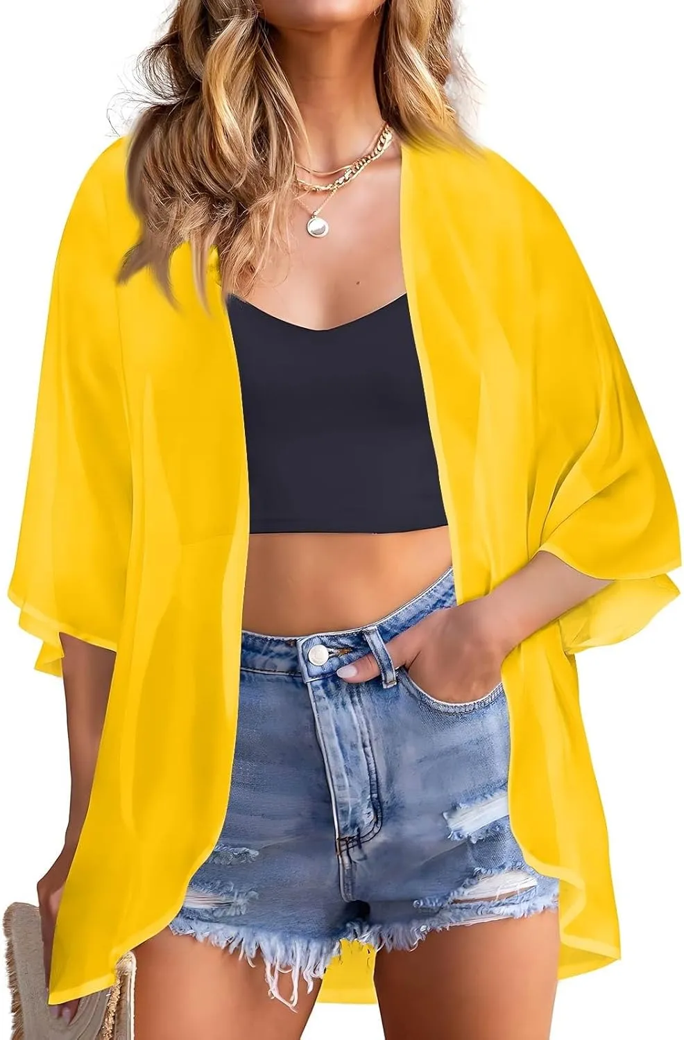 Women's Kimono Cardigans Chiffon Solid 3/4 Sleeve Cardigan Summer Swimsuit Open Front Cardigan Fashion Shrugs Top 2025
