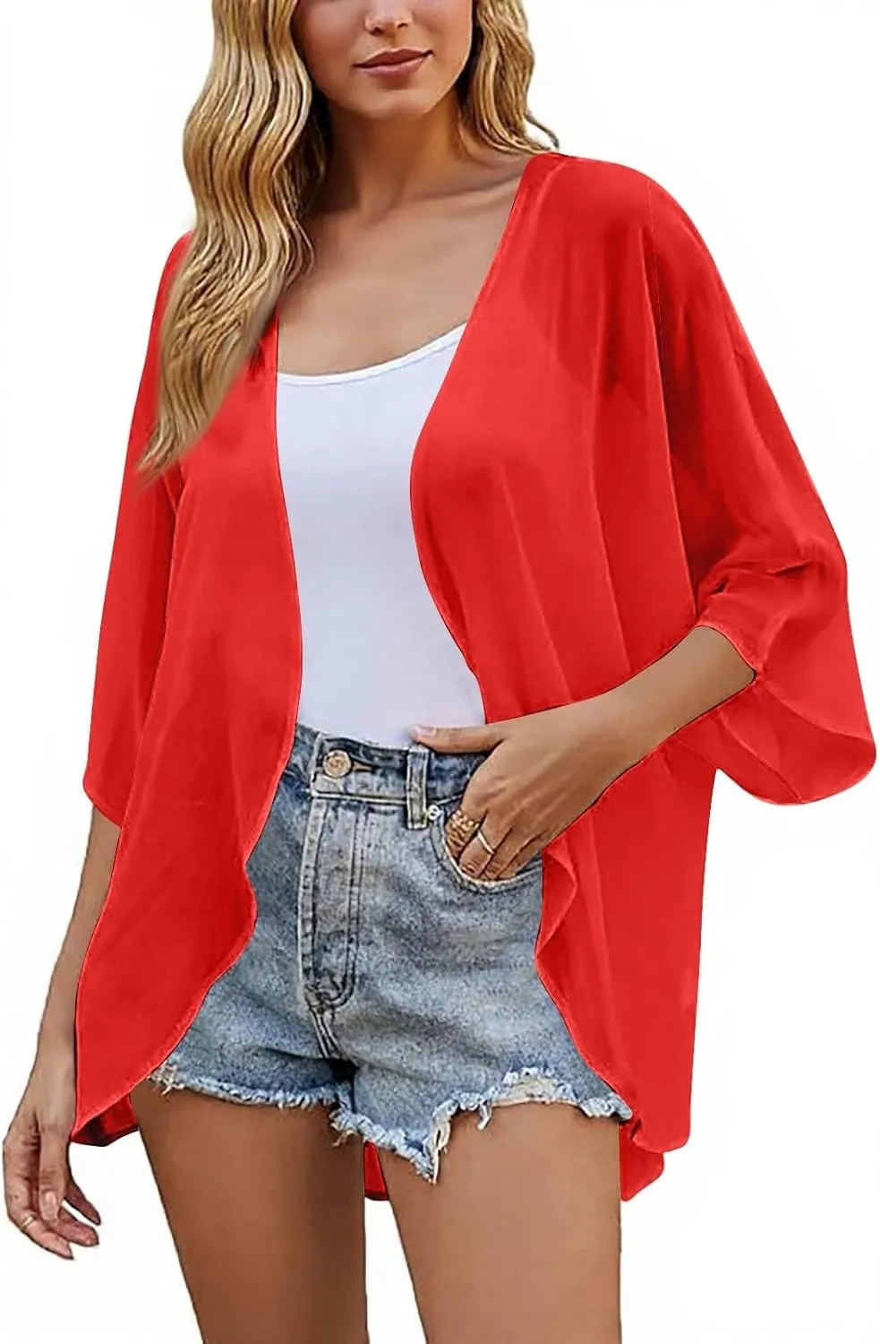 Women's Kimono Cardigans Chiffon Solid 3/4 Sleeve Cardigan Summer Swimsuit Open Front Cardigan Fashion Shrugs Top 2025