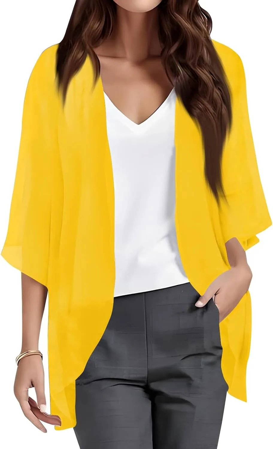 Women's Kimono Cardigans Chiffon Solid 3/4 Sleeve Cardigan Summer Swimsuit Open Front Cardigan Fashion Shrugs Top 2025