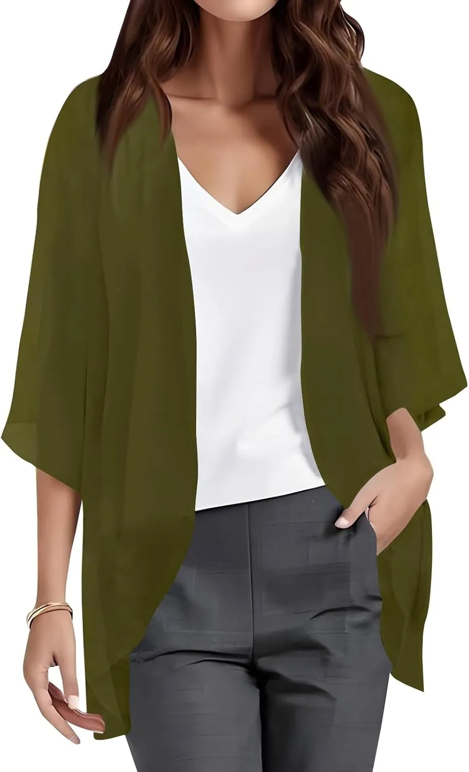Women's Kimono Cardigans Chiffon Solid 3/4 Sleeve Cardigan Summer Swimsuit Open Front Cardigan Fashion Shrugs Top 2025