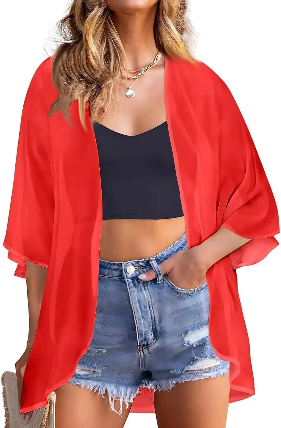 Women's Kimono Cardigans Chiffon Solid 3/4 Sleeve Cardigan Summer Swimsuit Open Front Cardigan Fashion Shrugs Top 2025