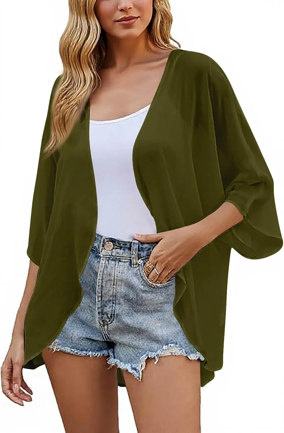 Women's Kimono Cardigans Chiffon Solid 3/4 Sleeve Cardigan Summer Swimsuit Open Front Cardigan Fashion Shrugs Top 2025