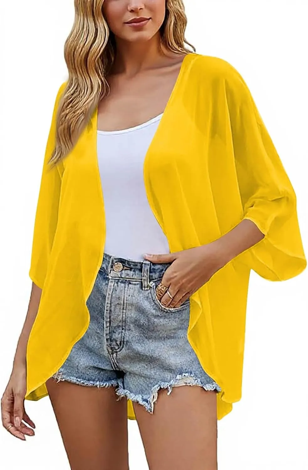 Women's Kimono Cardigans Chiffon Solid 3/4 Sleeve Cardigan Summer Swimsuit Open Front Cardigan Fashion Shrugs Top 2025