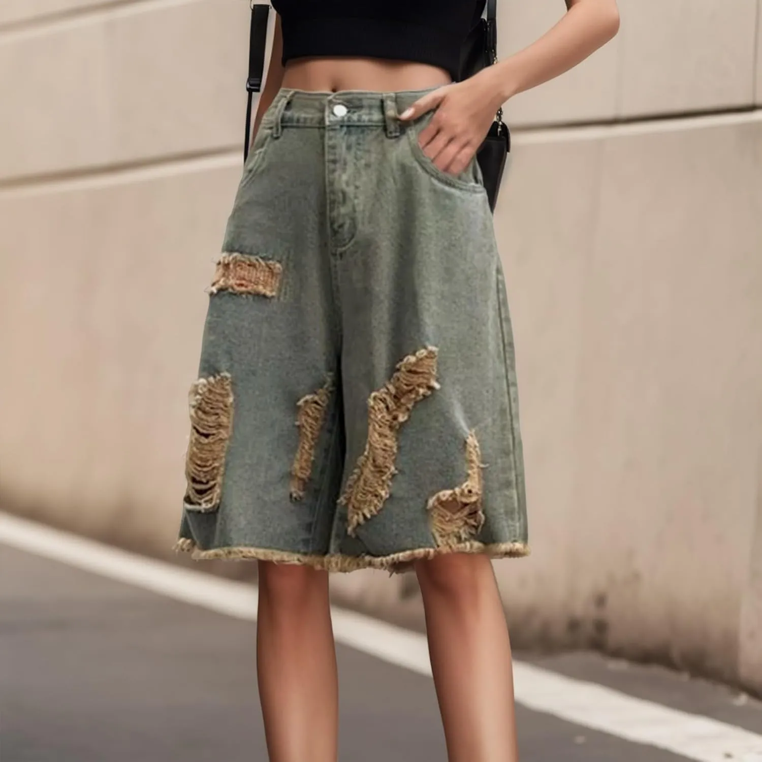 Women's Knee Length Baggy Denim Shorts Distressed Ripped Straight Wide Leg Jean Shorts Alt Clothes Women Designer