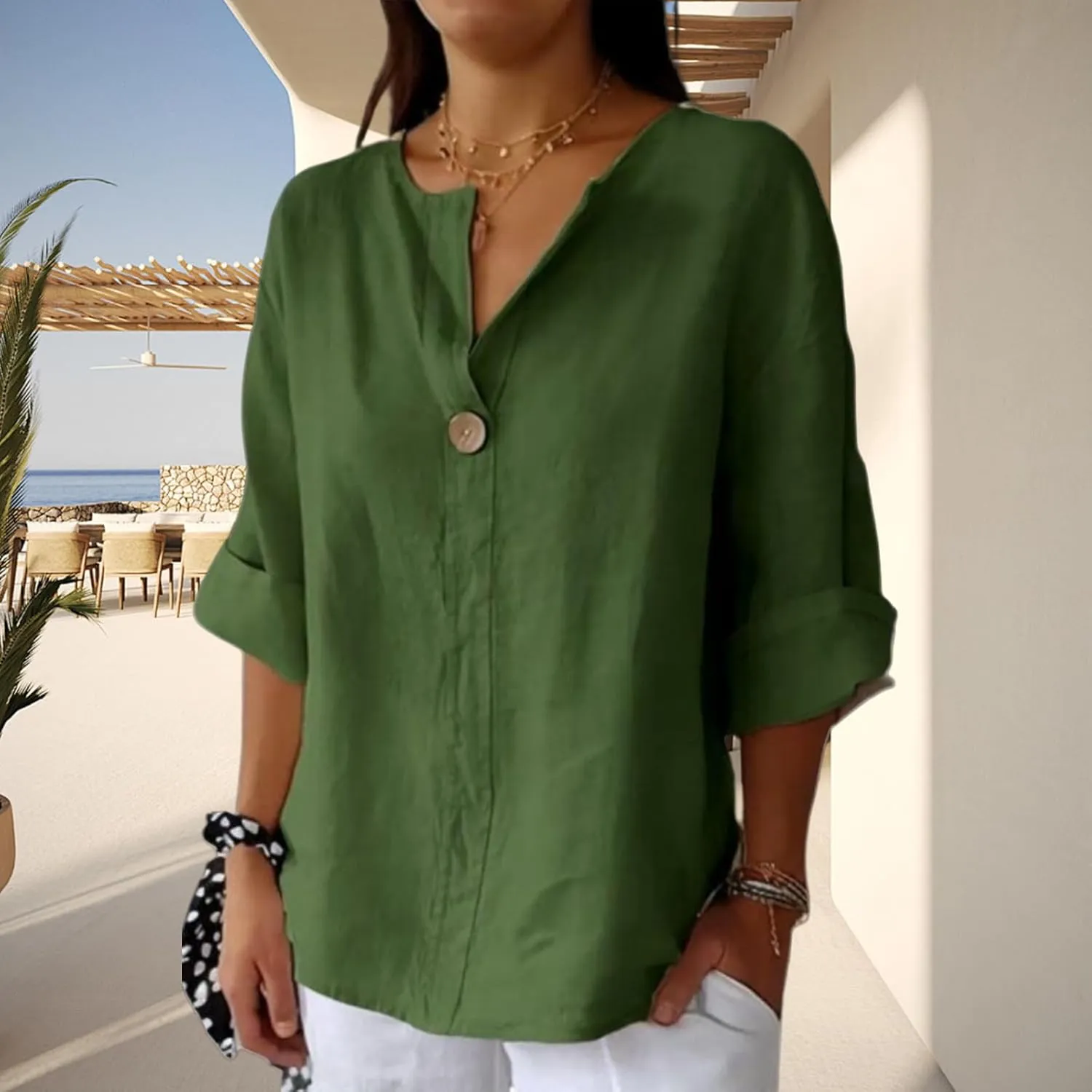 Women's Linen Shirt Casual Button V Neck Long Sleeve Shirts Breathable Lightweight Summer T Shirts Solid Blouses Tops