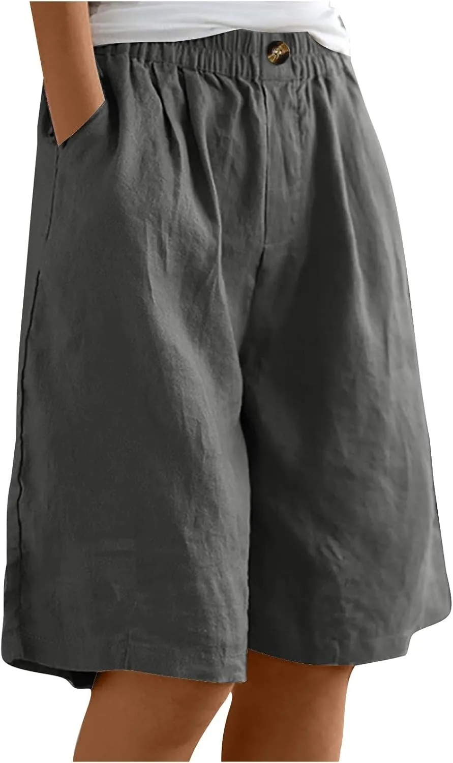 Women's Linen Shorts Elastic Waist Exercise Shorts Casual Knee Length Shorts Trendy Beach Shorts Wide Leg Shorts