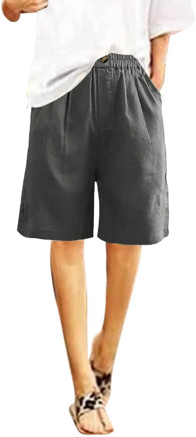 Women's Linen Shorts Elastic Waist Exercise Shorts Casual Knee Length Shorts Trendy Beach Shorts Wide Leg Shorts