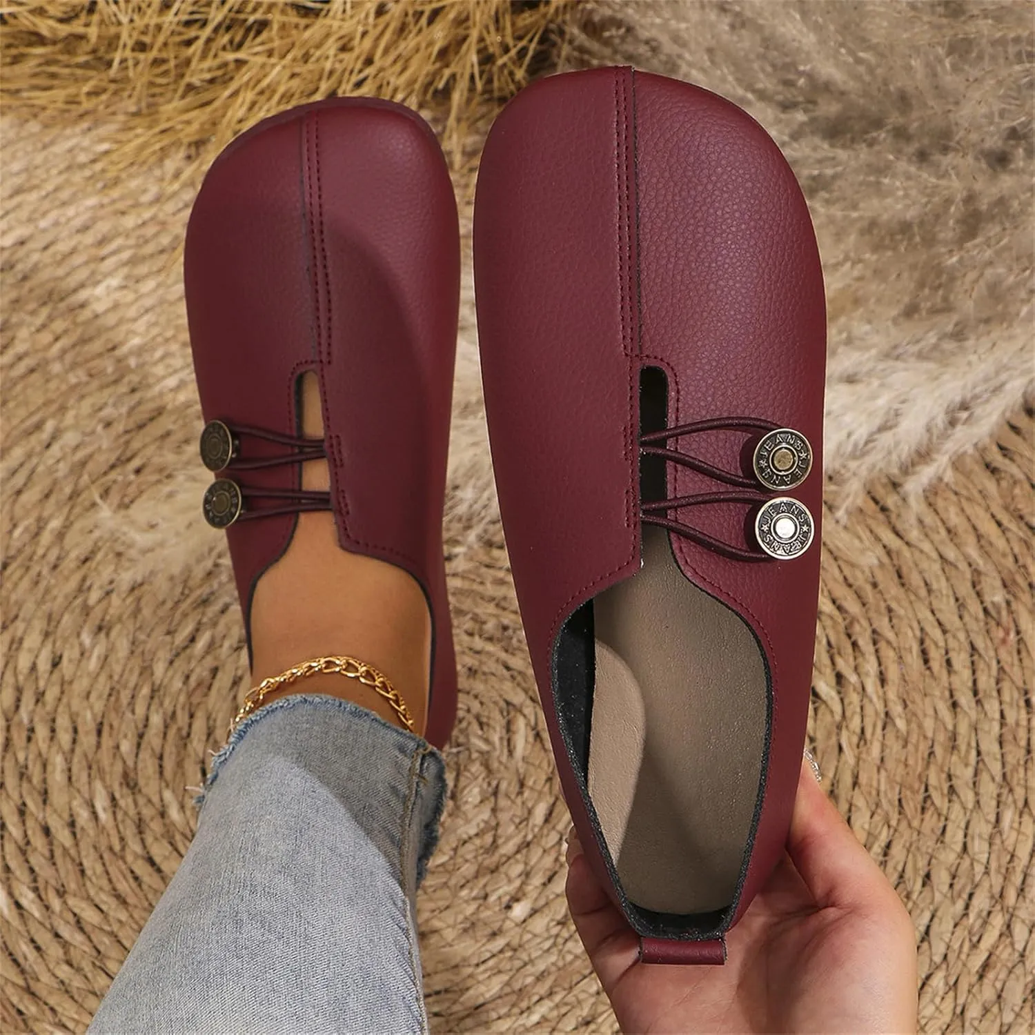 Womens Loafers Flats Shoes Comfortable Round Toe Flat Sandals Slip On Breathable Soft Cushion Lightweight Shoes with Button Detail for Everyday Elegance